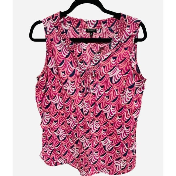 Talbots Geometric VNeck Tank Pink 100% Linen Top Preppy Size Medium - Picture 1 of 5